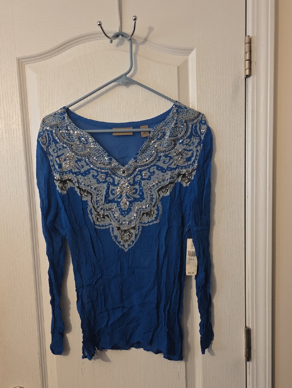 I.e. Beaded Embellished Blue V-Neck Long Sleeve Top